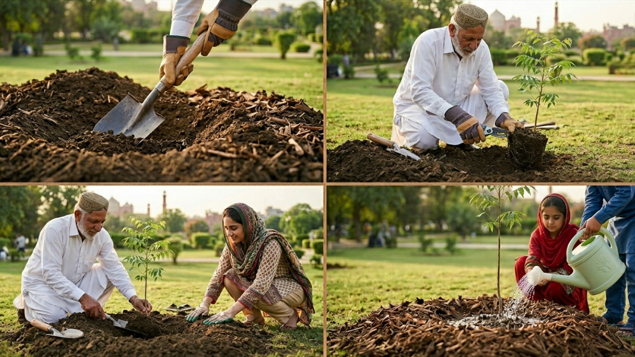 The image showing the steps of planting a tree in a park