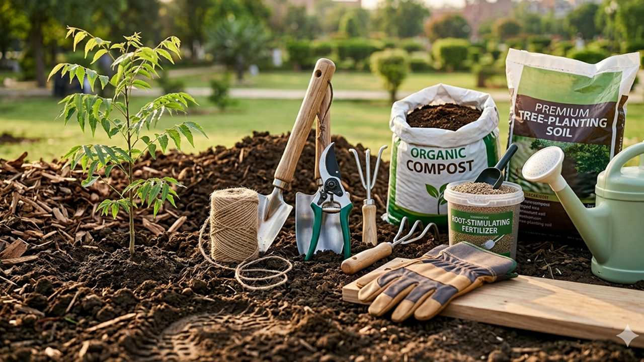 A collection of tree-planting tools and materials