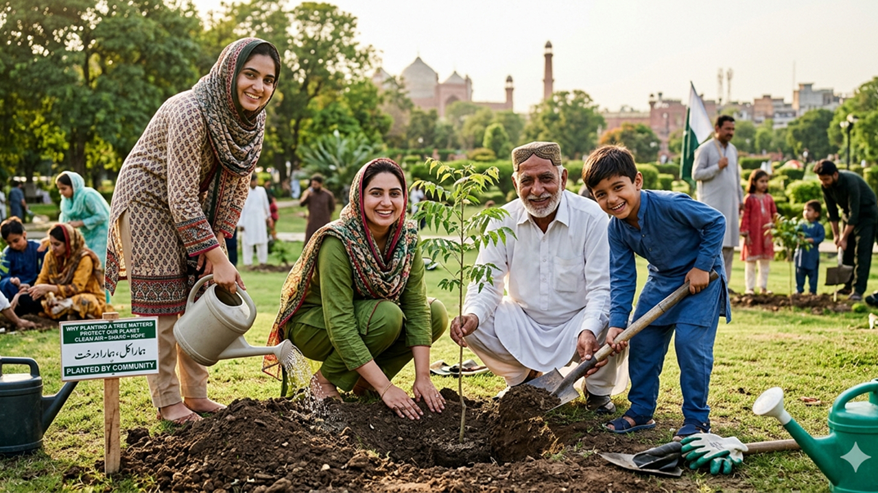 A Pakistani family planting together in a park
