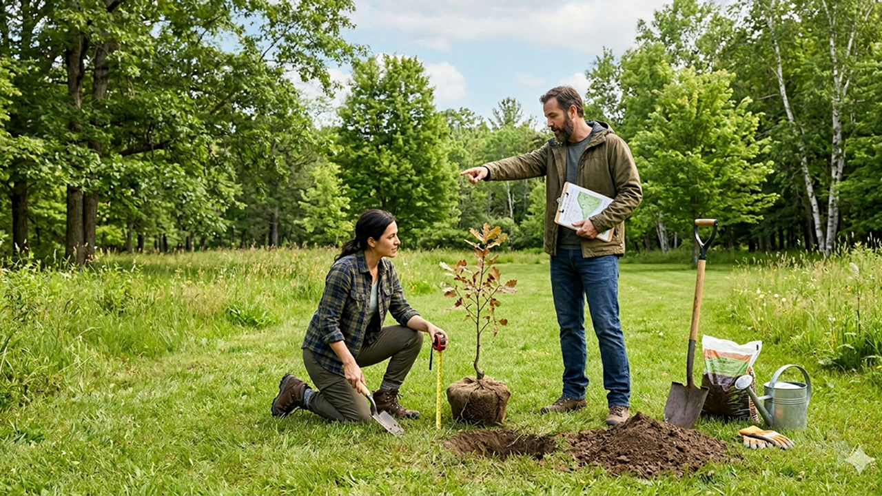 A photo of a man and woman planting a tree in a field
