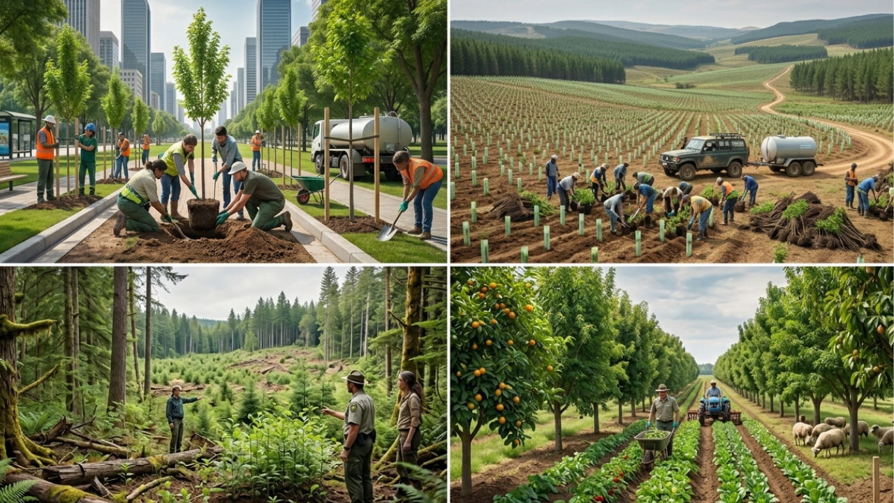 Four images showing different tree planting methods